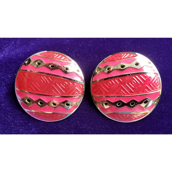 Vintage Berébi Signed Earrings Red, Pink, & Gold Tone Beach Ball Ornament Design - Picture 1 of 7
